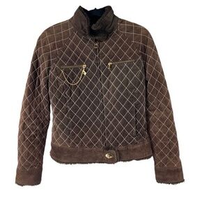 Baby Phat Y2K Brown Quilted Suede w/‎ Faux Fur Collar Coat Sz M